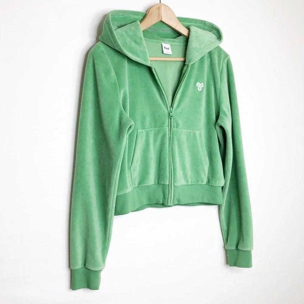 TNA Green velour zip front hoodie